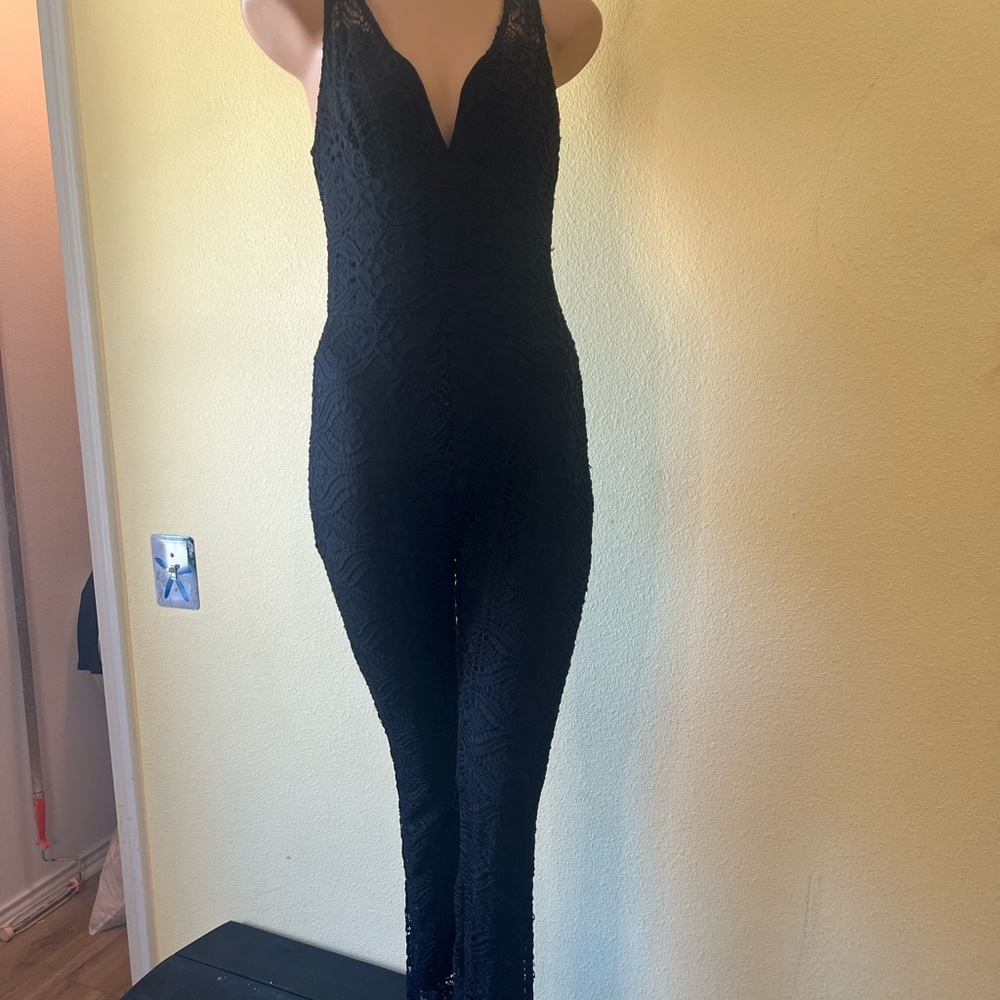 bebe Black Lace V-Neck Jumpsuit